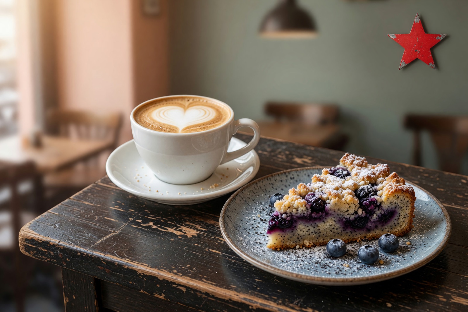 Cappuccino mit Herz und ein Stück Mohn-Beeren-Kuchen auf einem dunklen Holztisch, im Hintergrund ein roter Stern an der Wand (Stimmungsbild)